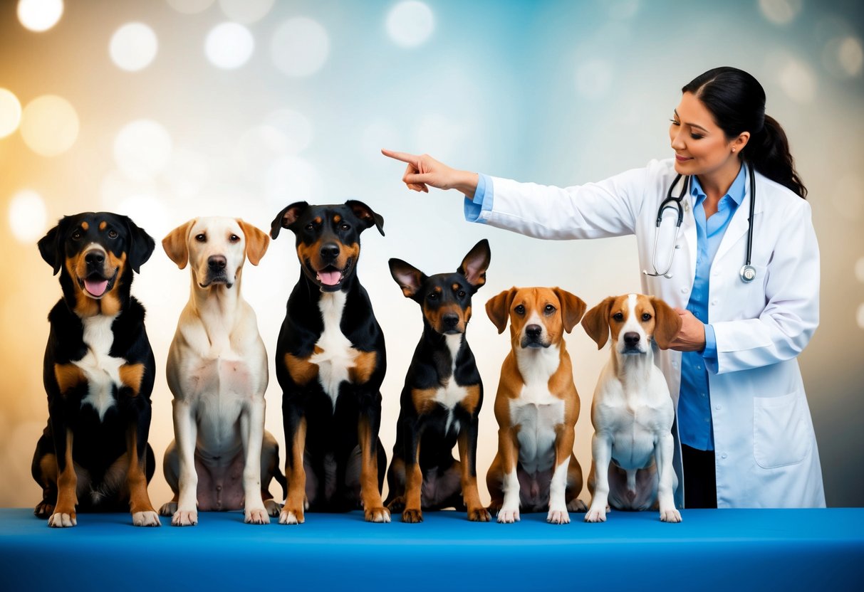 A group of diverse dog breeds standing side by side, with a veterinarian examining each one. The vet is pointing to a particular breed, indicating it has the least health problems