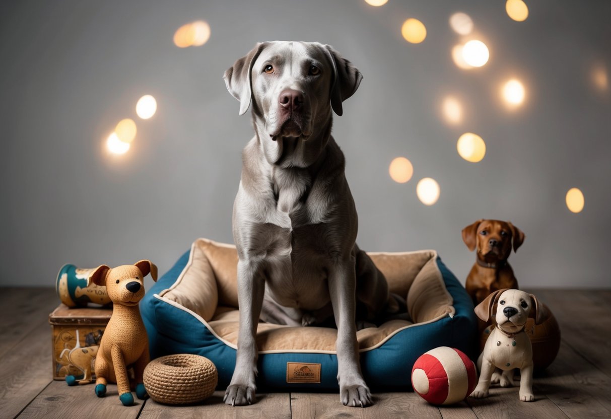 A grey-furred, wise-looking Labrador sits proudly amidst a collection of vintage dog toys and a well-worn dog bed