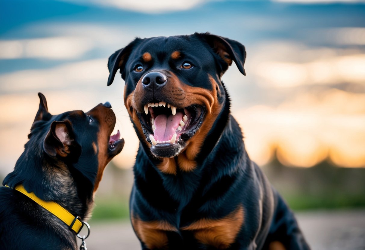 A snarling Rottweiler bares its teeth, ears pinned back, and hackles raised, while growling at another dog