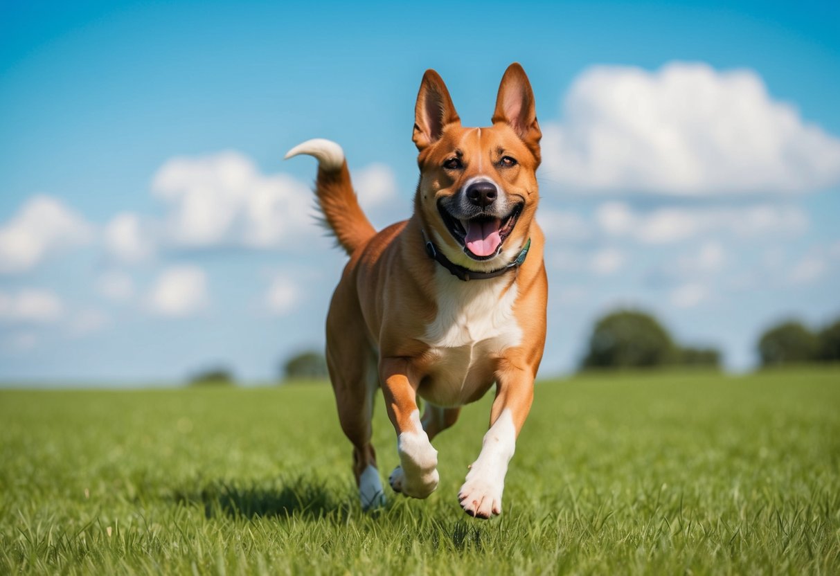 A happy, energetic dog of a healthy breed running through a green, open field, with a bright blue sky and a few fluffy clouds in the background