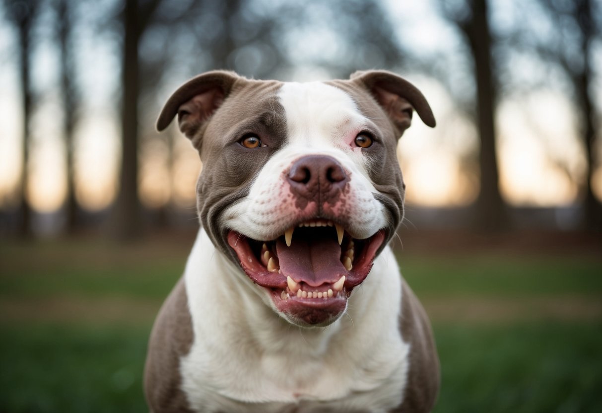 A snarling pit bull bares its teeth, standing defensively with a raised hackle and intense stare