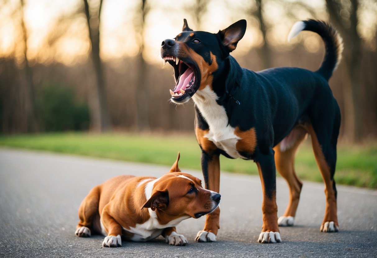 A snarling, barking dog with raised hackles and bared teeth, standing over a cowering, submissive dog