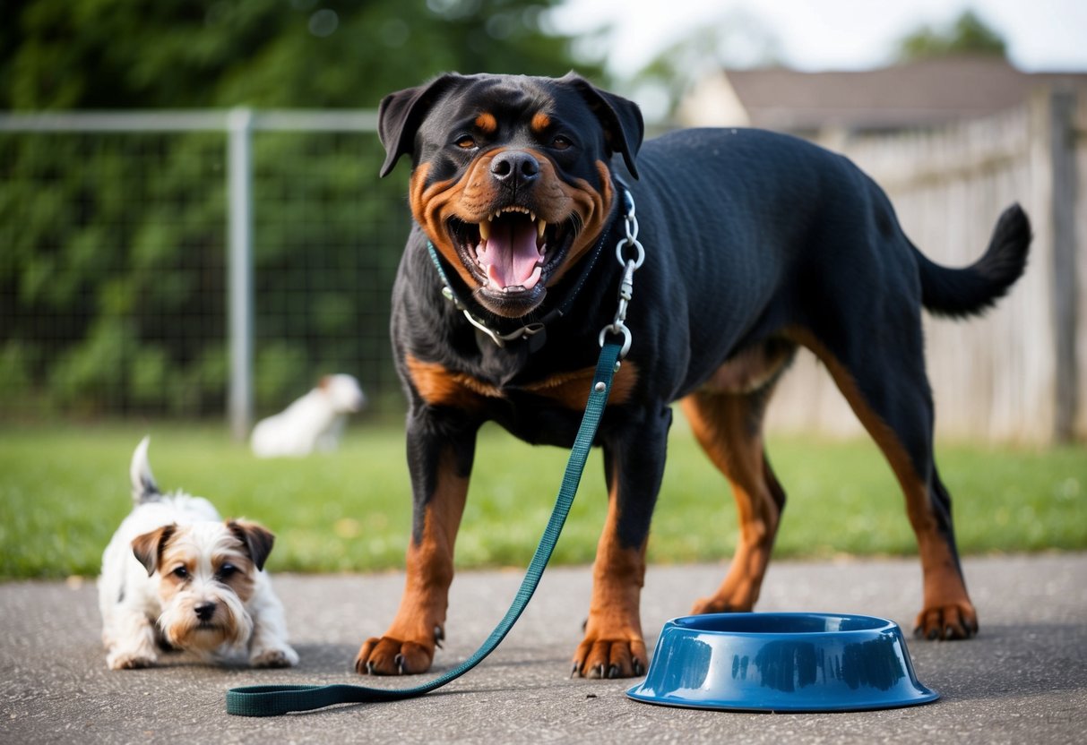 A large, snarling Rottweiler bares its teeth, standing over a chewed-up leash and overturned water bowl. A smaller, cowering terrier hides behind a fence