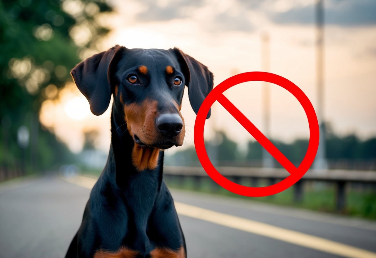 A Doberman pinscher being prohibited in India, with a red circle and line crossing it out