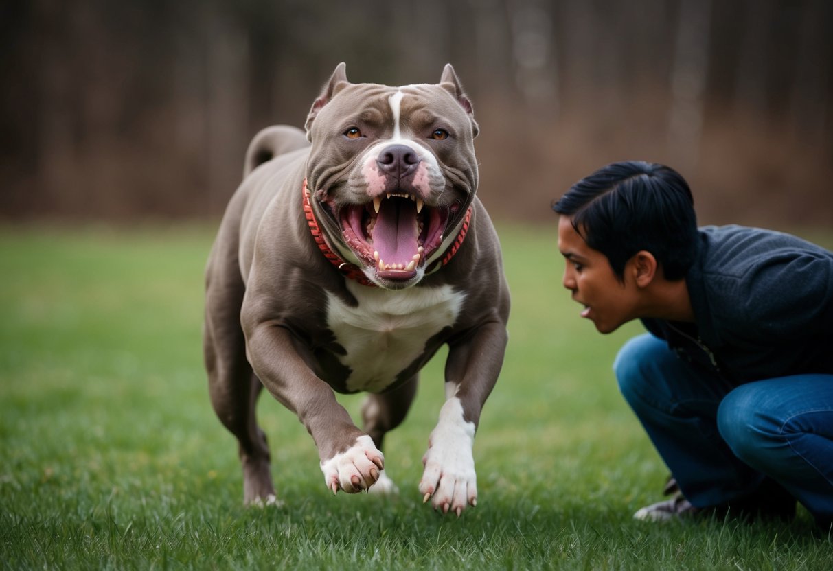 A snarling pit bull lunges forward, teeth bared, as it growls at a cowering figure