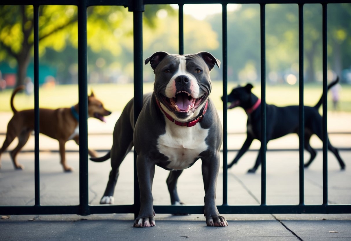 A snarling pit bull is barred from entering an Indian park, while other dogs play freely