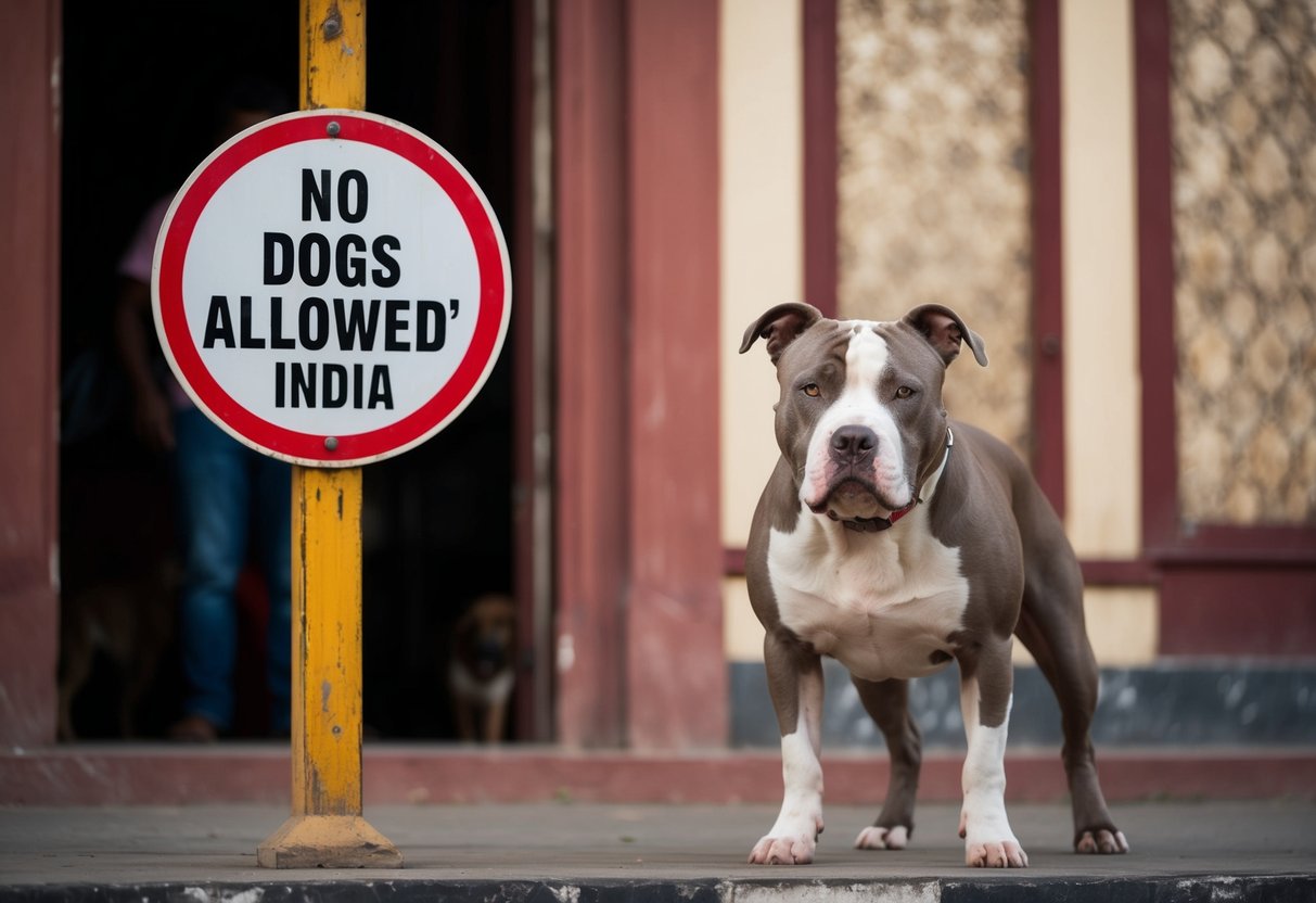 A pit bull stands sadly outside a "no dogs allowed" sign in India