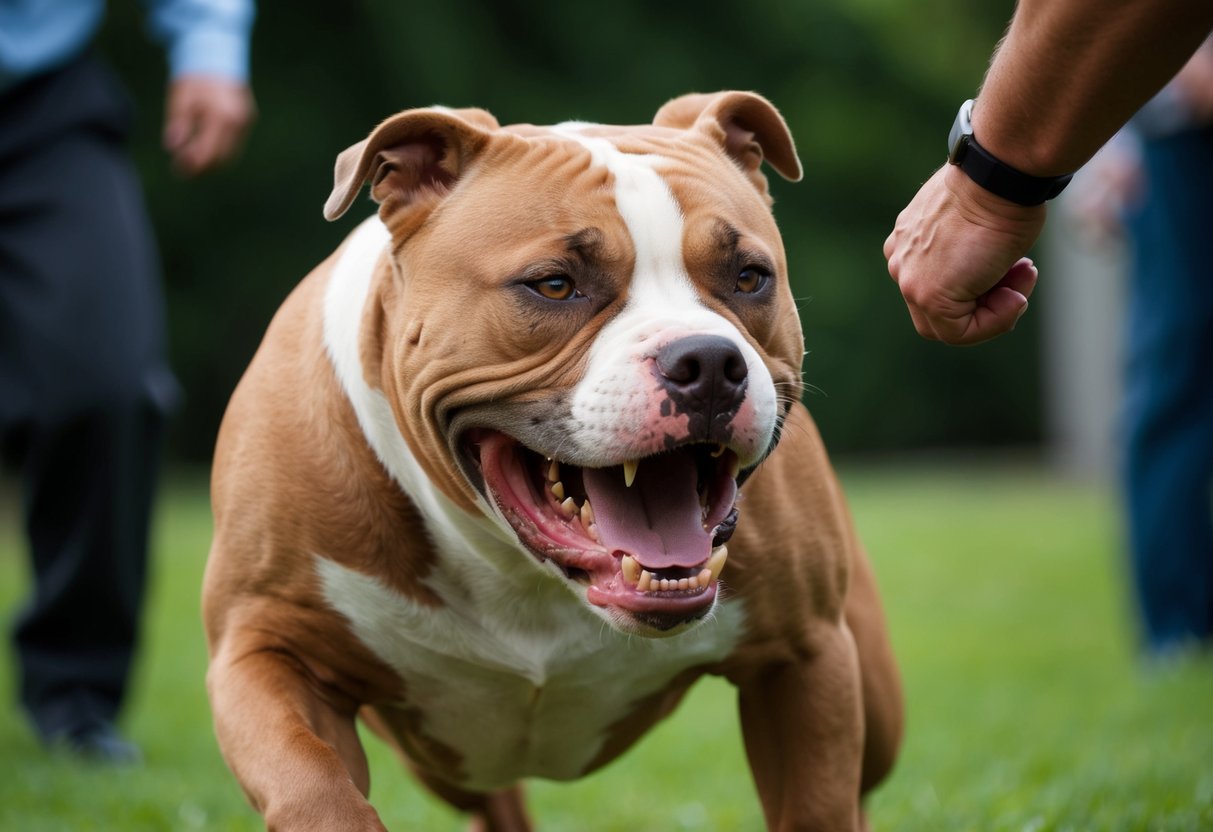 A snarling pit bull lunges forward, teeth bared, as it confronts a figure off-screen