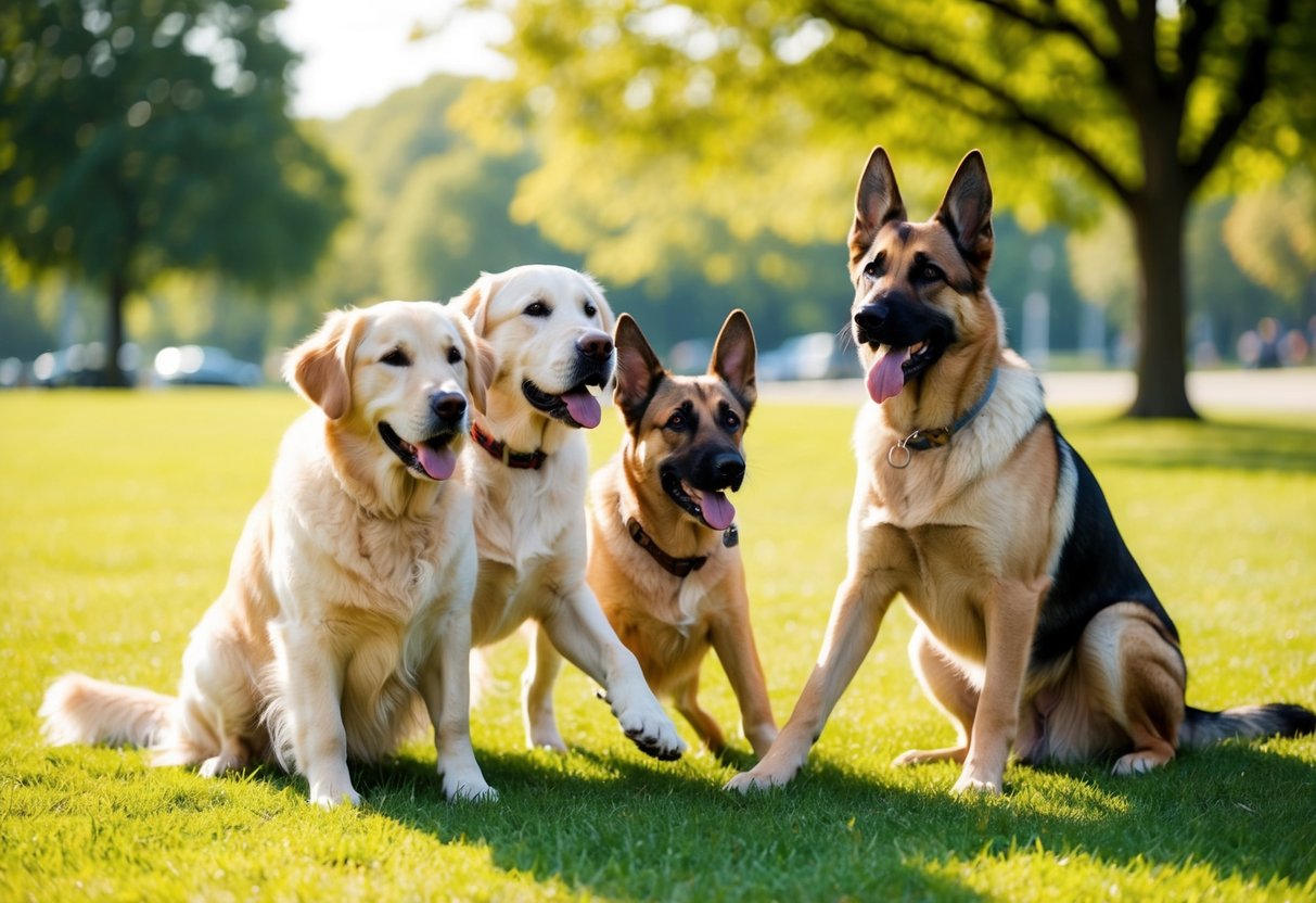 A golden retriever, a Labrador, and a German shepherd playing together in a sunny park