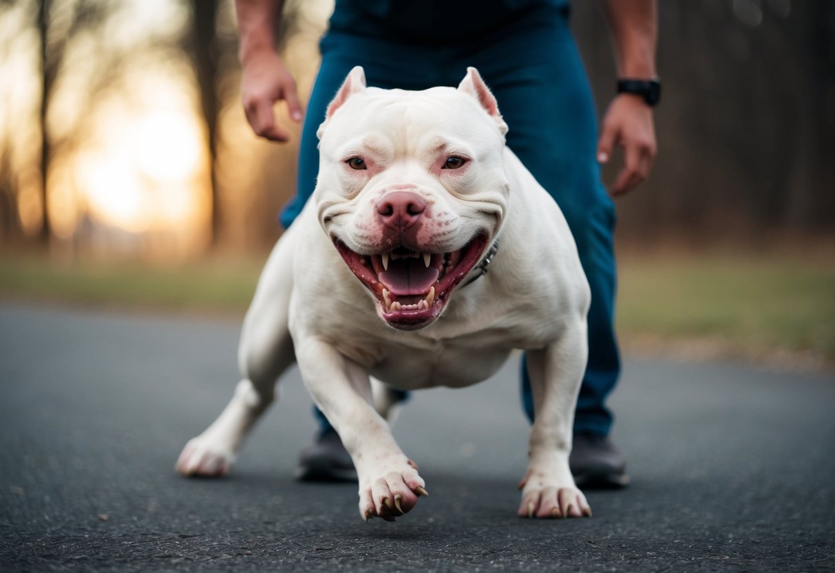 A snarling pit bull lunges forward, teeth bared, as a person stands with a defensive stance