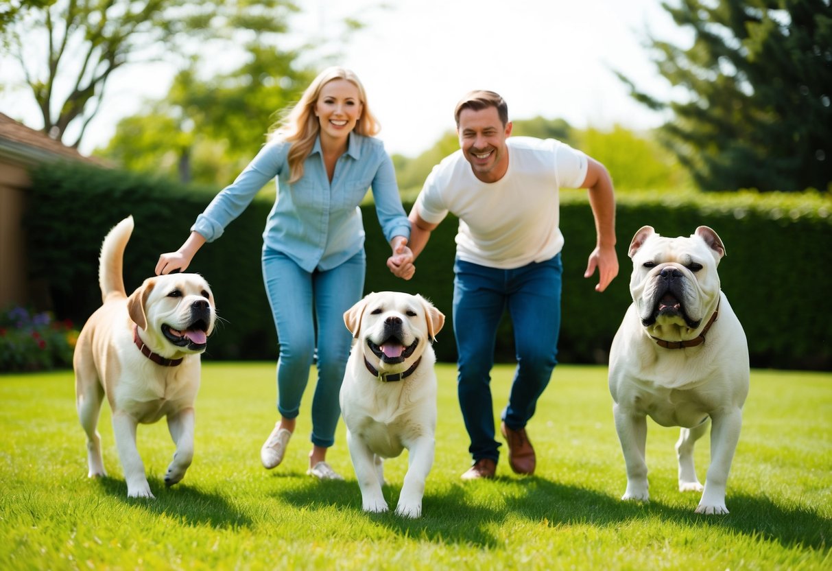 A joyful family playing in a grassy yard with a friendly and loyal Golden Retriever, a playful and affectionate Labrador Retriever, and a gentle and protective Bulldog