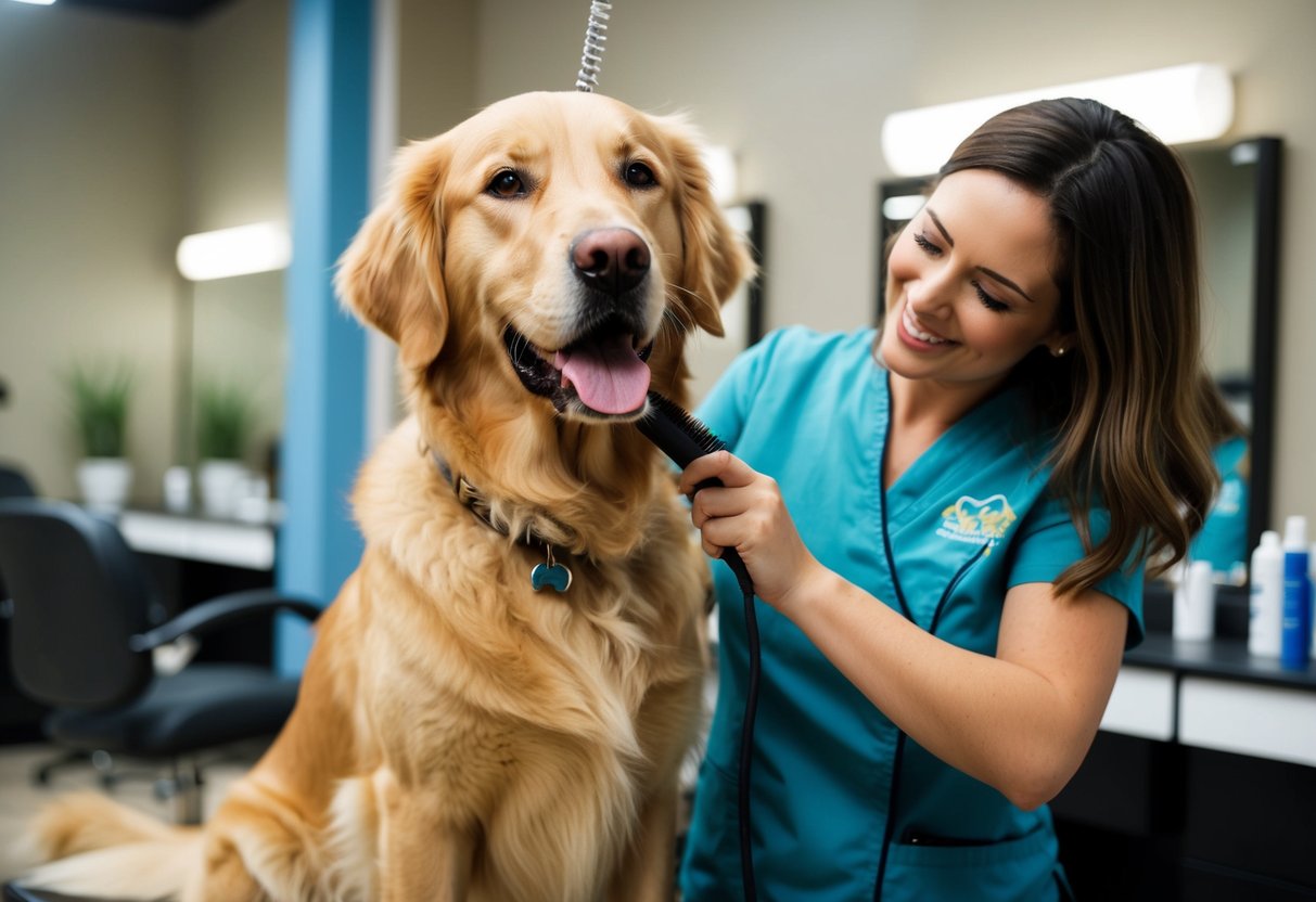 A golden retriever sits calmly while being brushed by a smiling owner in a well-lit grooming salon