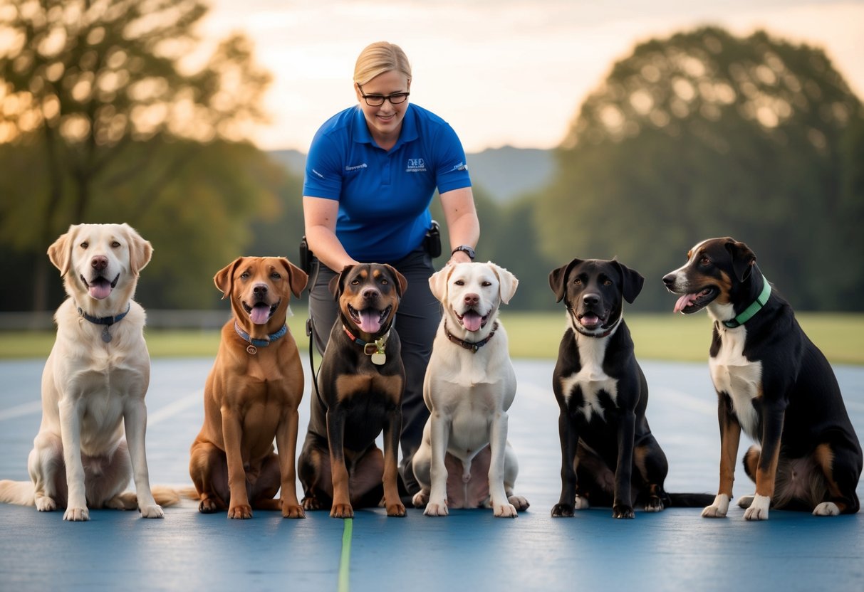 A trainer works with a group of diverse dogs, each demonstrating unique skills and traits