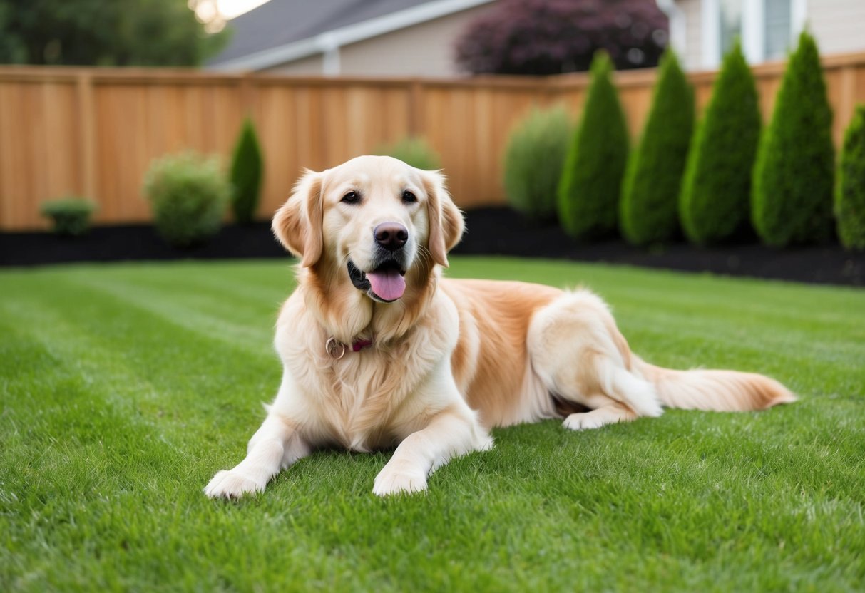 A golden retriever lounging in a well-kept backyard, with a neatly trimmed lawn and a shiny, clean coat