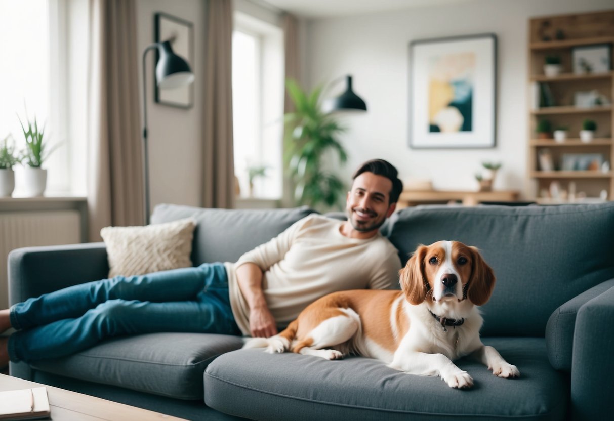 A cozy living room with a relaxed owner and a content, well-groomed low-maintenance dog lounging nearby