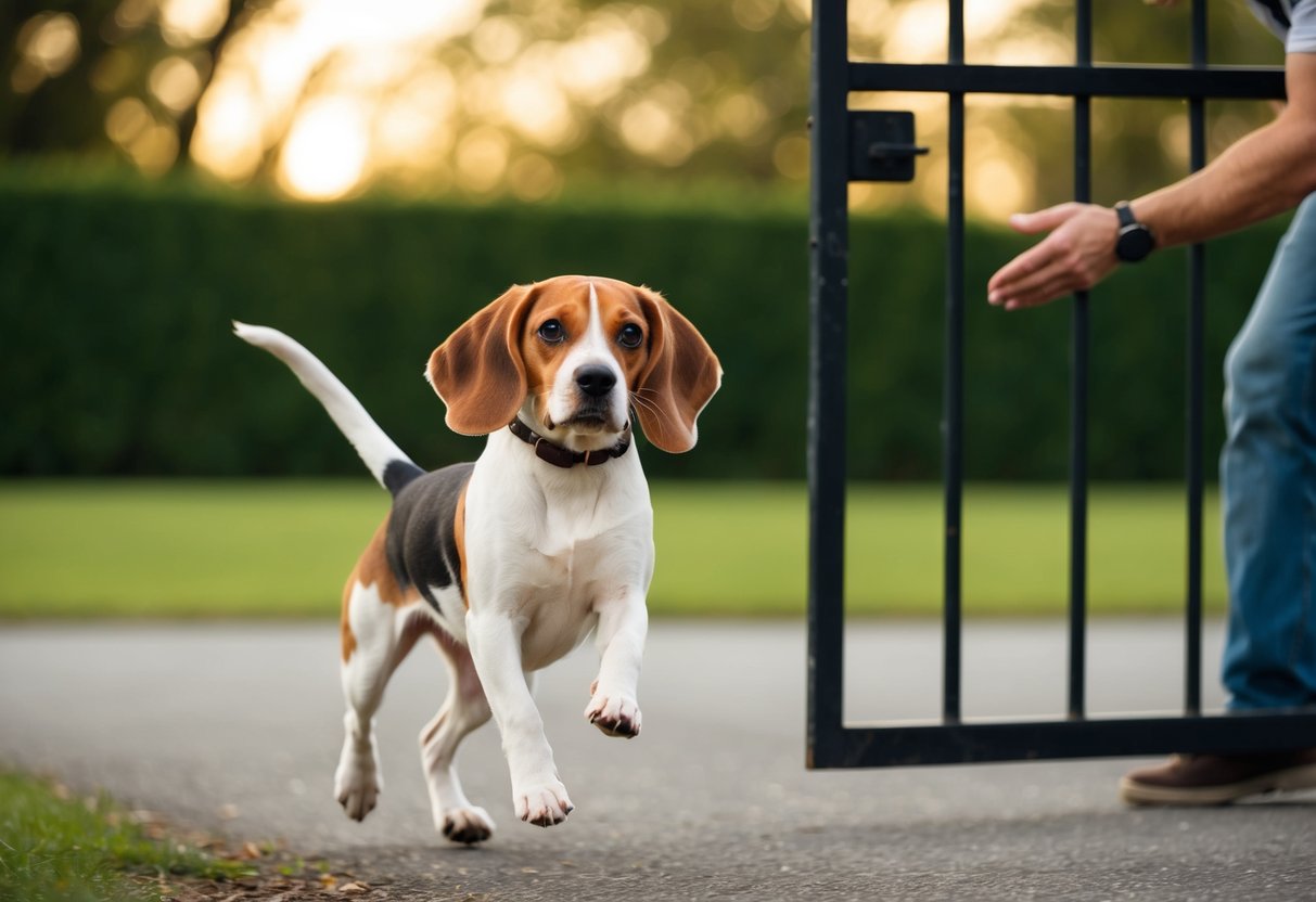A mischievous beagle dashes through an open gate, ears flapping, as the owner frantically calls after it