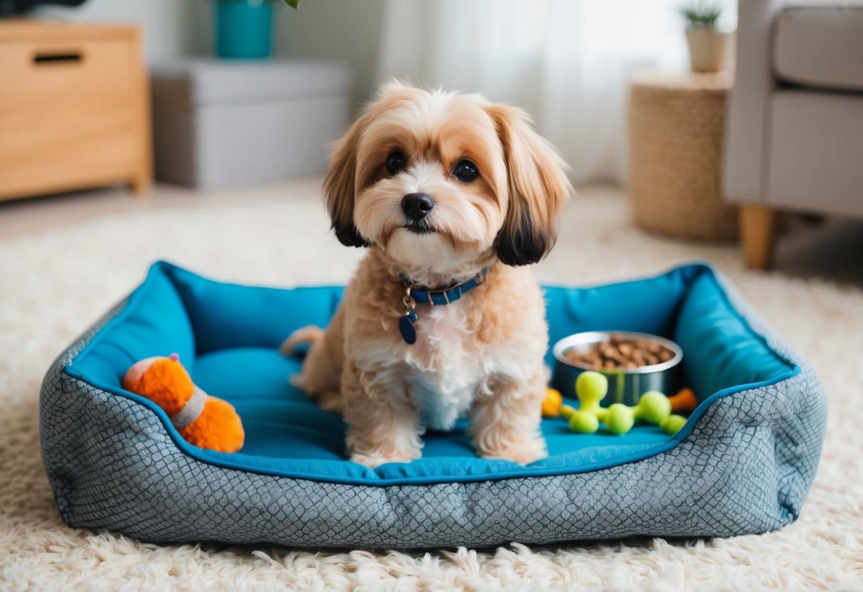A small, fluffy dog sits contentedly on a cozy bed, surrounded by toys and a bowl of food. Its shiny coat and bright eyes convey a sense of low-maintenance care