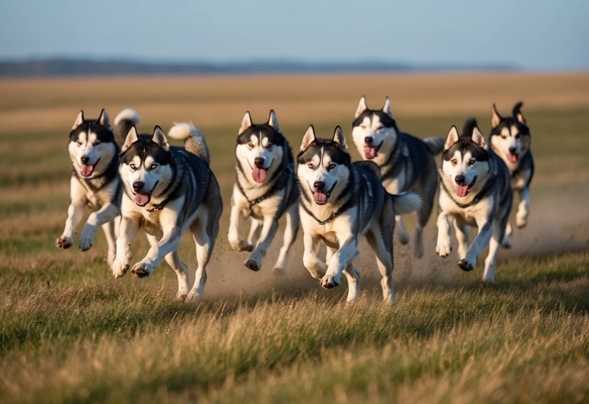 A pack of energetic huskies eagerly dart through an open field, their fur blowing in the wind as they race towards the distant horizon