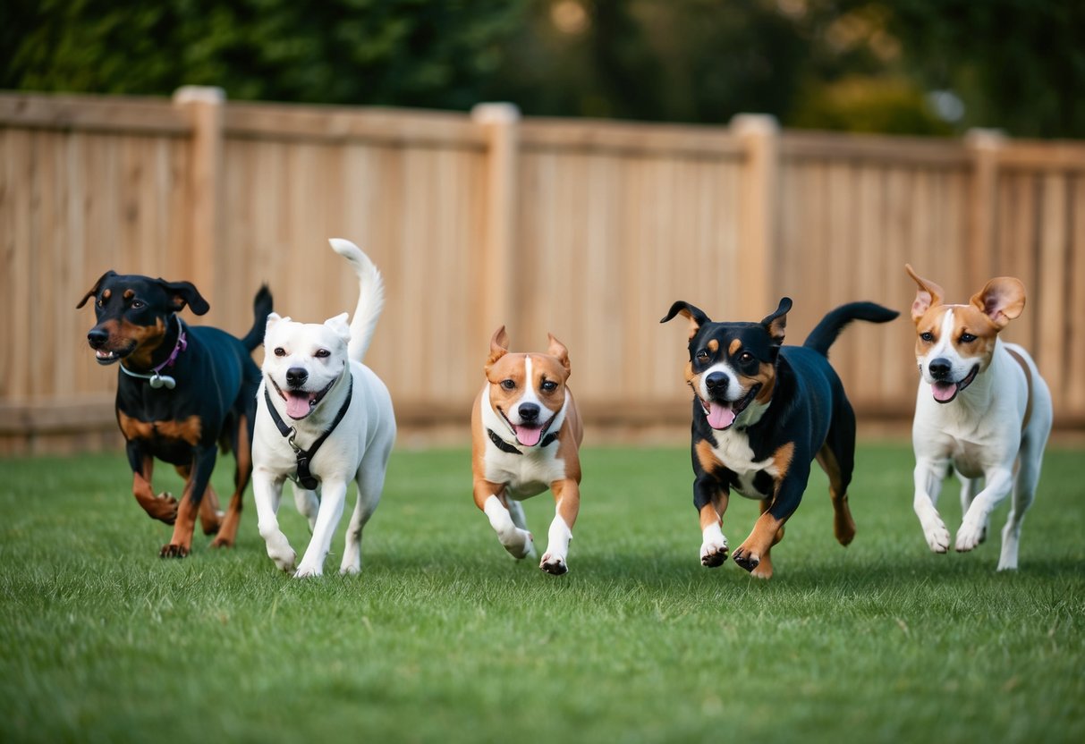 A group of various dog breeds in a fenced yard, with one breed running away from the others
