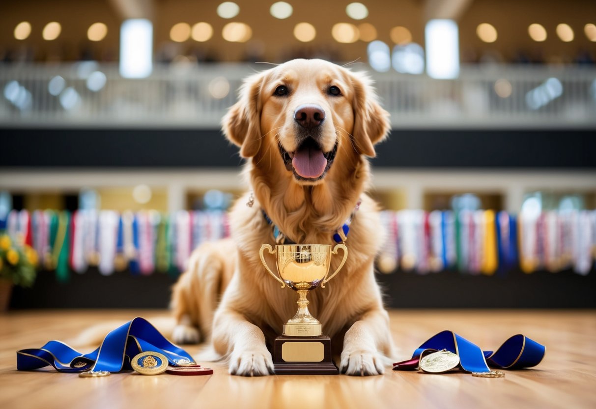A golden retriever sits proudly with a trophy in its mouth, surrounded by ribbons and medals