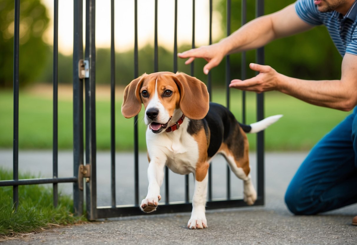 A beagle darts through an open gate, ears flapping, as a frustrated owner calls after it
