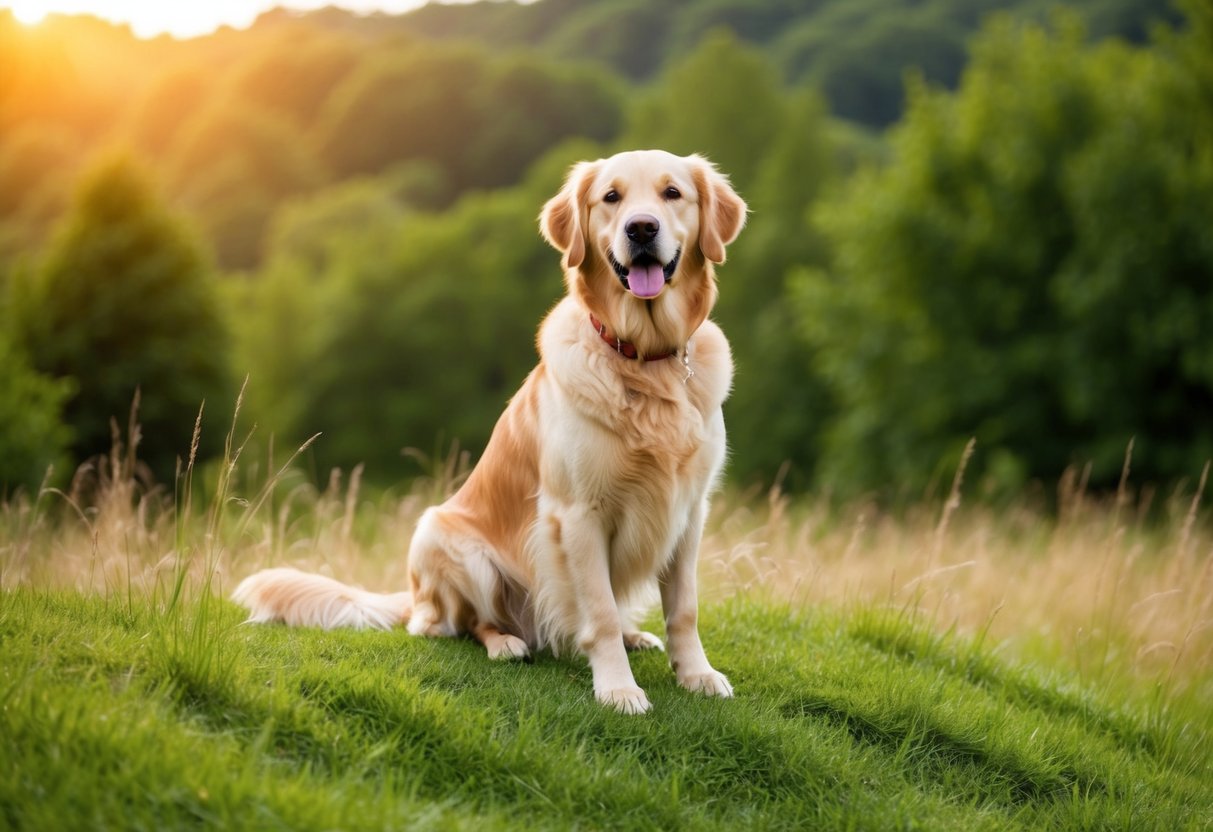 A golden retriever sits proudly atop a grassy hill, surrounded by healthy and vibrant nature, exuding an aura of strength and vitality