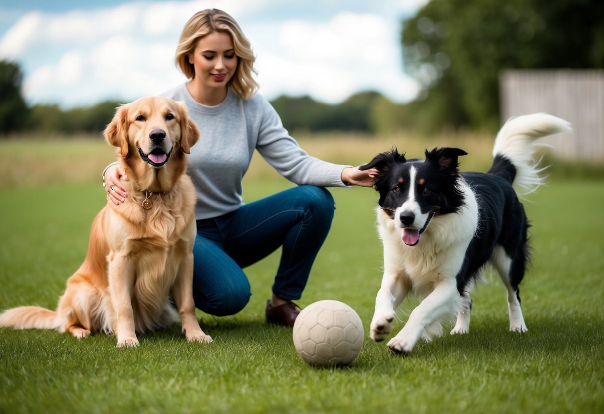 A golden retriever sits obediently next to a person, while a border collie eagerly fetches a ball. Both dogs display intelligence and loyalty