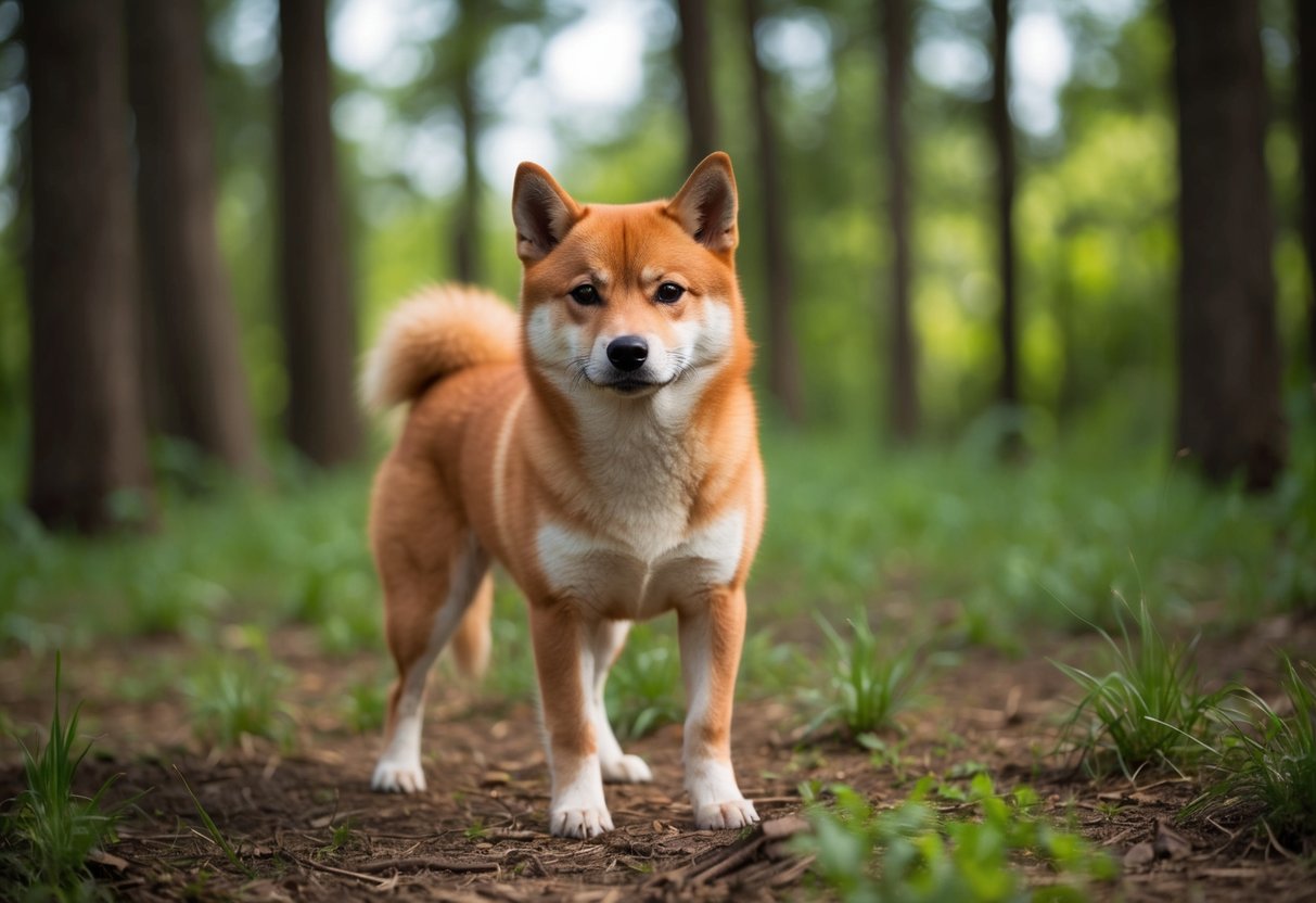 A red Shiba Inu stands alert in a forest clearing, ears perked and eyes focused, resembling a fox in appearance and behavior