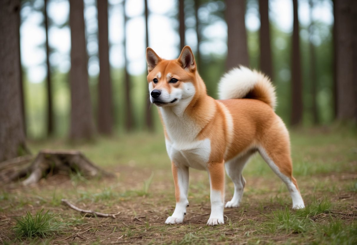 A sleek, red and white Shiba Inu stands alert in a forest clearing, its pointed ears and bushy tail resembling a fox