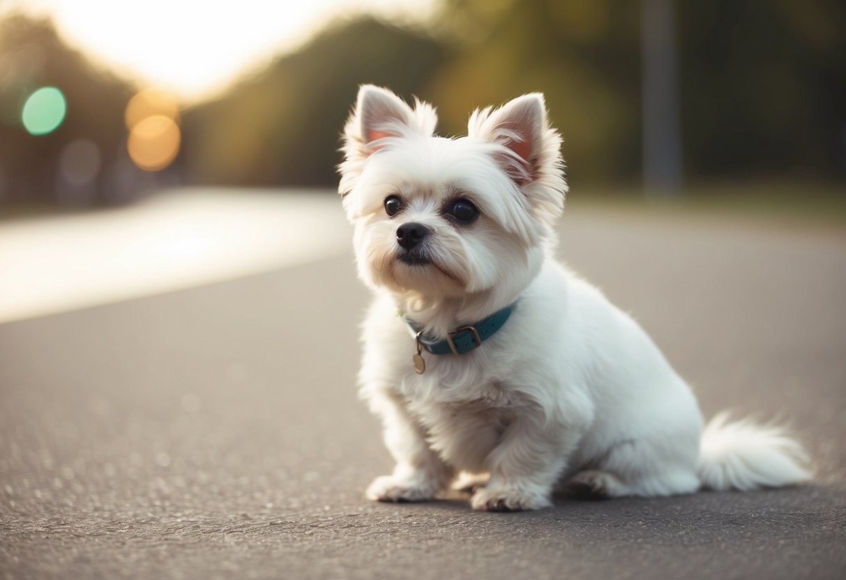A small, fluffy white dog sits quietly, ears perked, looking up with curious eyes