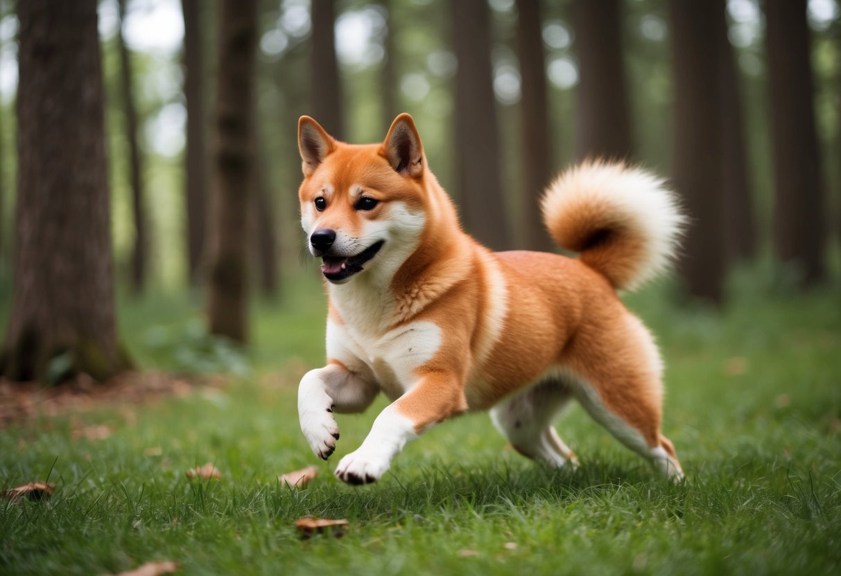 A red Shiba Inu dog playing in a forest, its fox-like appearance highlighted by its fluffy tail and pointed ears