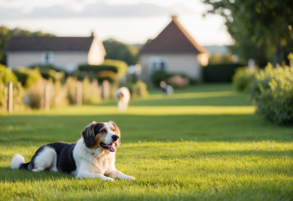 A serene countryside with a peaceful, quiet neighborhood. A content dog lounges in the yard, surrounded by tranquil, non-barking breeds