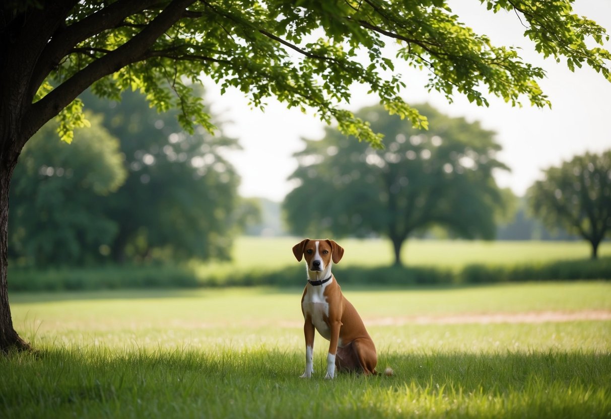 A serene, tranquil countryside with a lone, silent Basenji dog sitting peacefully under a shady tree