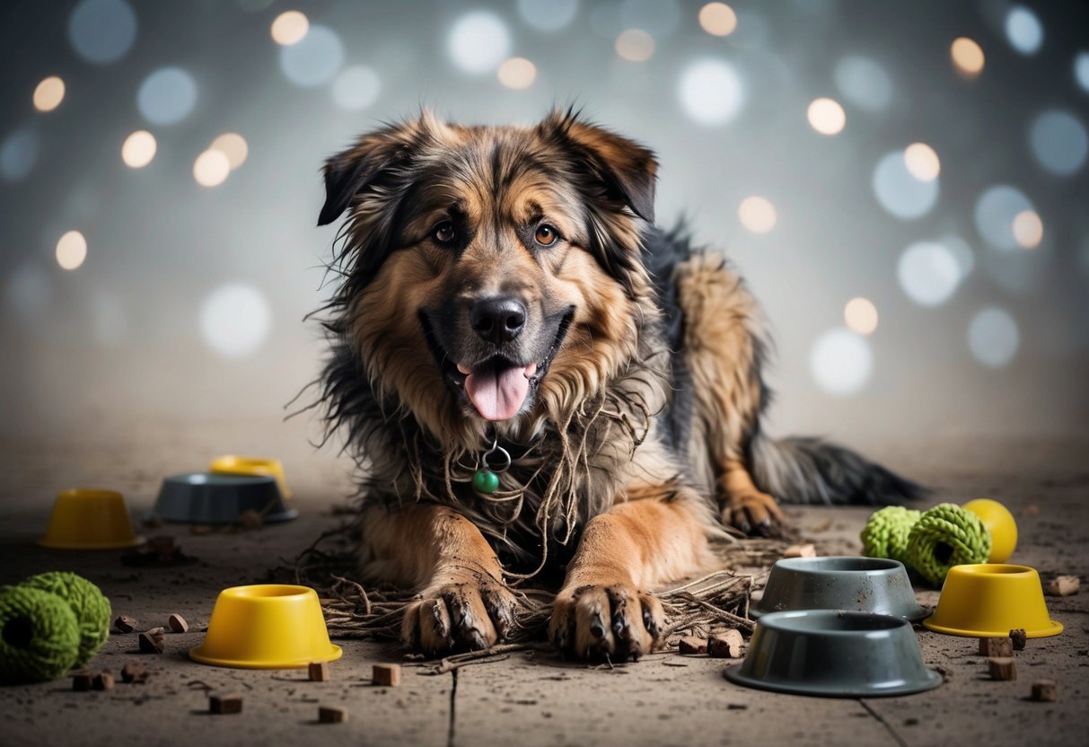 A large, energetic dog with tangled fur and muddy paws, surrounded by chewed-up toys and scattered food bowls
