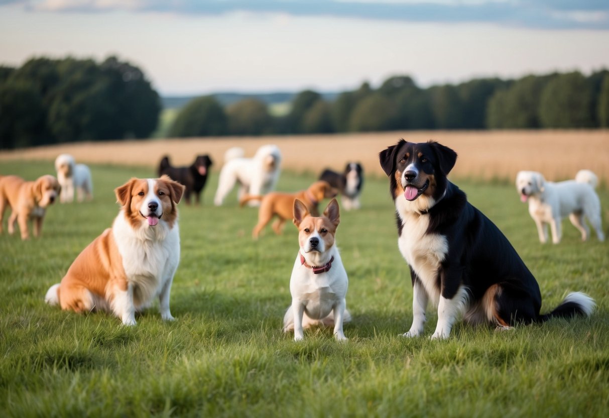 A serene countryside with a quiet, attentive dog surrounded by various dog breeds