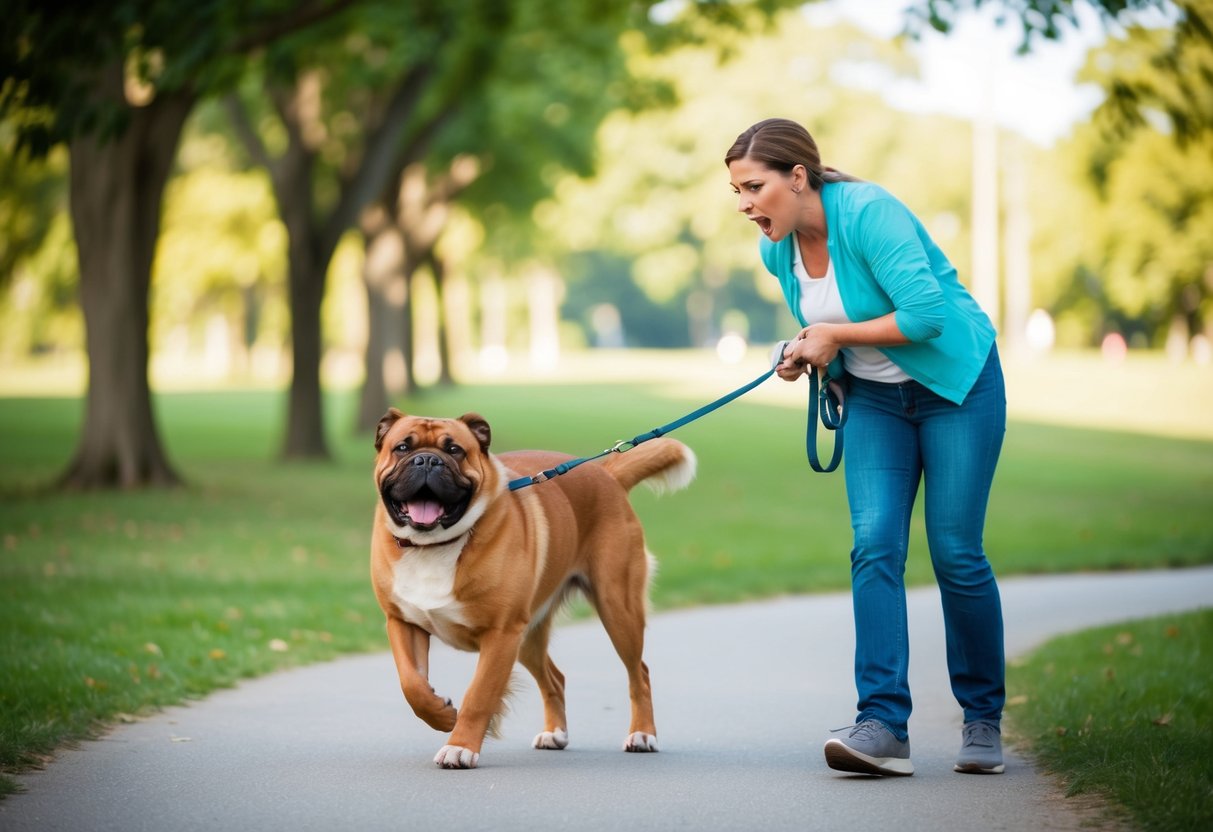 A frustrated owner struggles to control a large, unruly dog pulling on its leash during a walk in a park