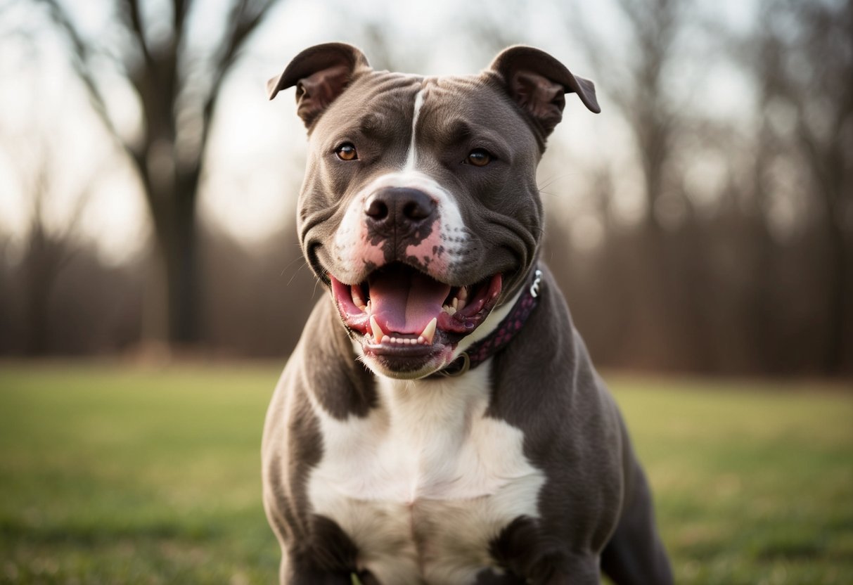 A snarling pit bull, standing tall with bared teeth and raised hackles, exuding a menacing aura of dominance
