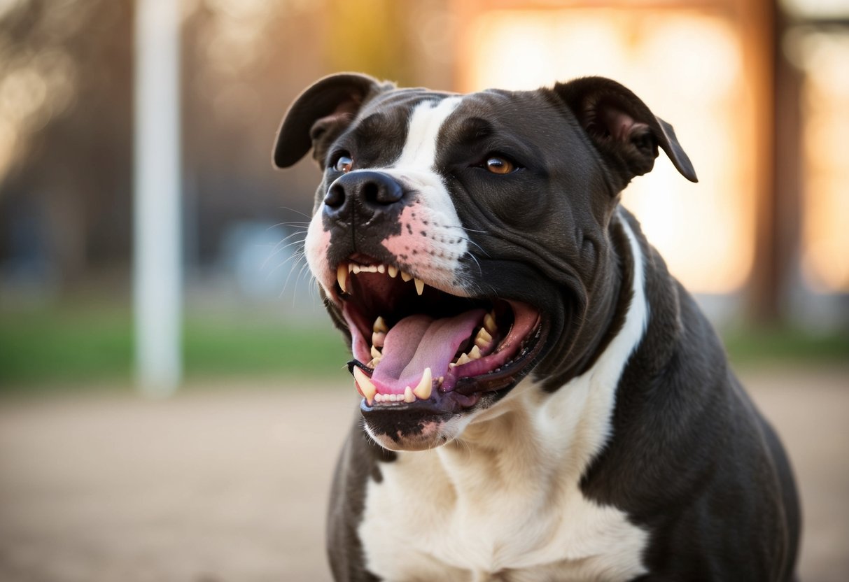 A snarling pit bull stands tall, teeth bared, eyes fixed on its target