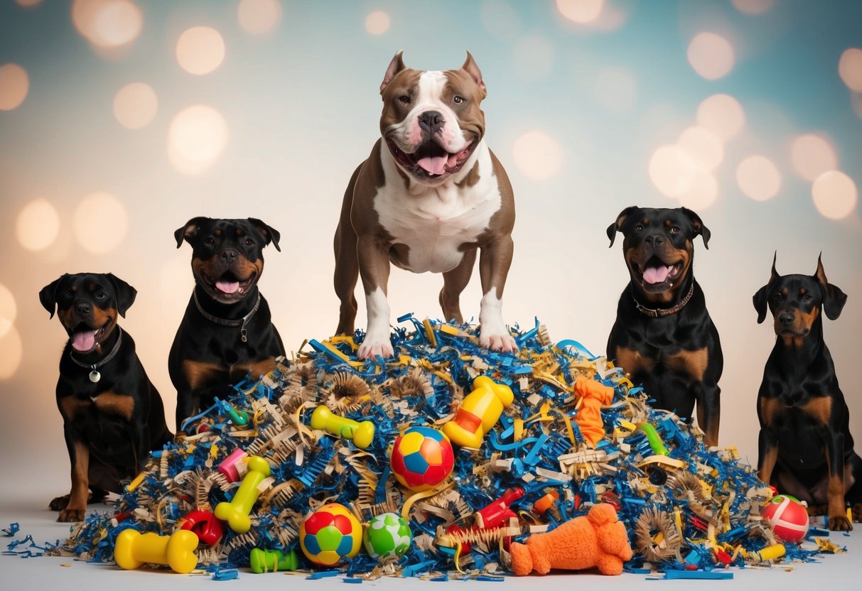 A snarling pit bull stands atop a mountain of shredded toys, surrounded by growling Rottweilers and barking Dobermans