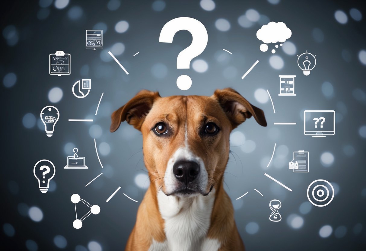 A confused-looking dog with a question mark above its head, surrounded by various objects and symbols representing intelligence and problem-solving