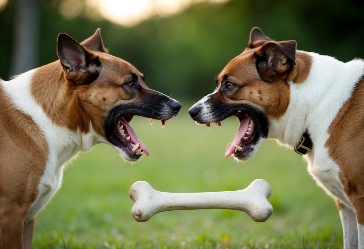 Two snarling dogs face off, teeth bared and hackles raised, in a tense standoff over a bone