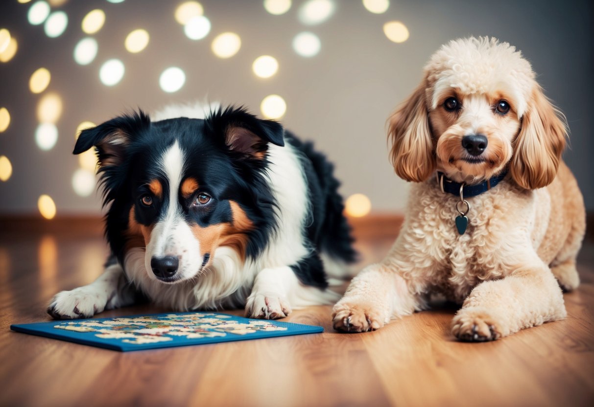 A border collie looks perplexed at a puzzle while a poodle sits confidently nearby