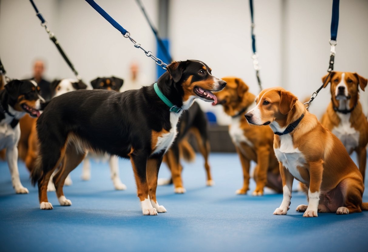 A group of dogs participating in a training session, with one dog looking particularly confused