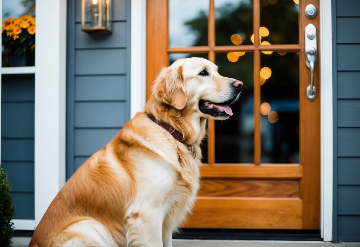 A golden retriever waits patiently by the front door, tail wagging and eyes fixed on the approaching figure of his owner