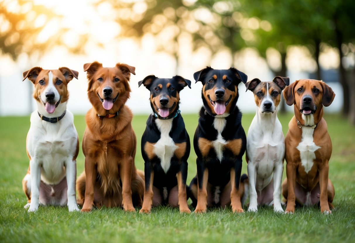 A group of dogs of various breeds sitting in a row, each with a different expression, representing a range of intelligence levels