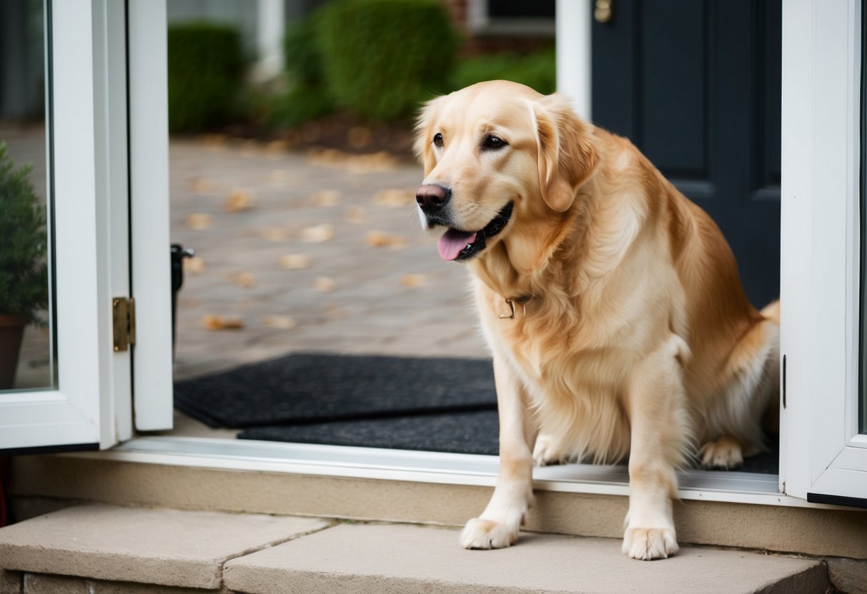 A golden retriever waits patiently by the front door, tail wagging and eyes fixed on the path outside, eagerly awaiting the return of his owner
