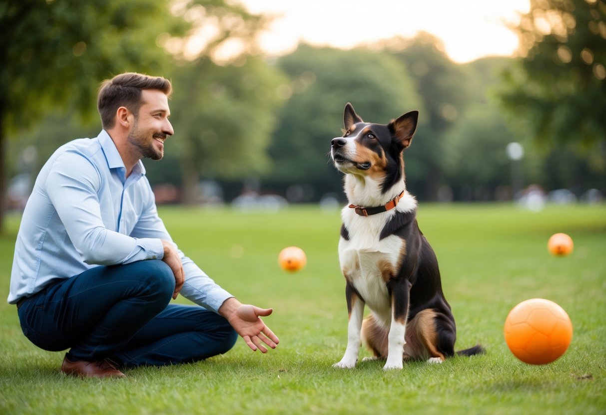 A loyal dog sits at his owner's feet, gazing up with adoring eyes as they play fetch in the park