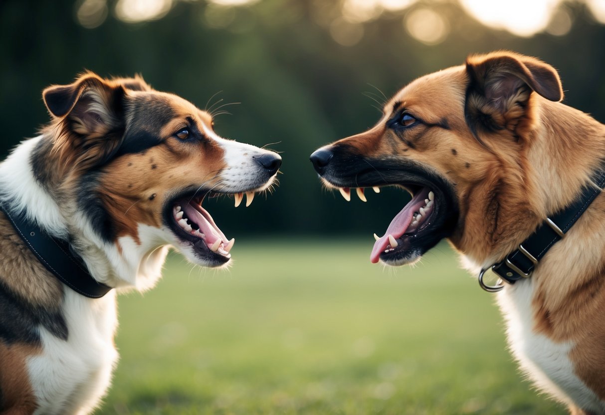 A male and female dog facing each other, showing aggressive body language with raised fur and bared teeth