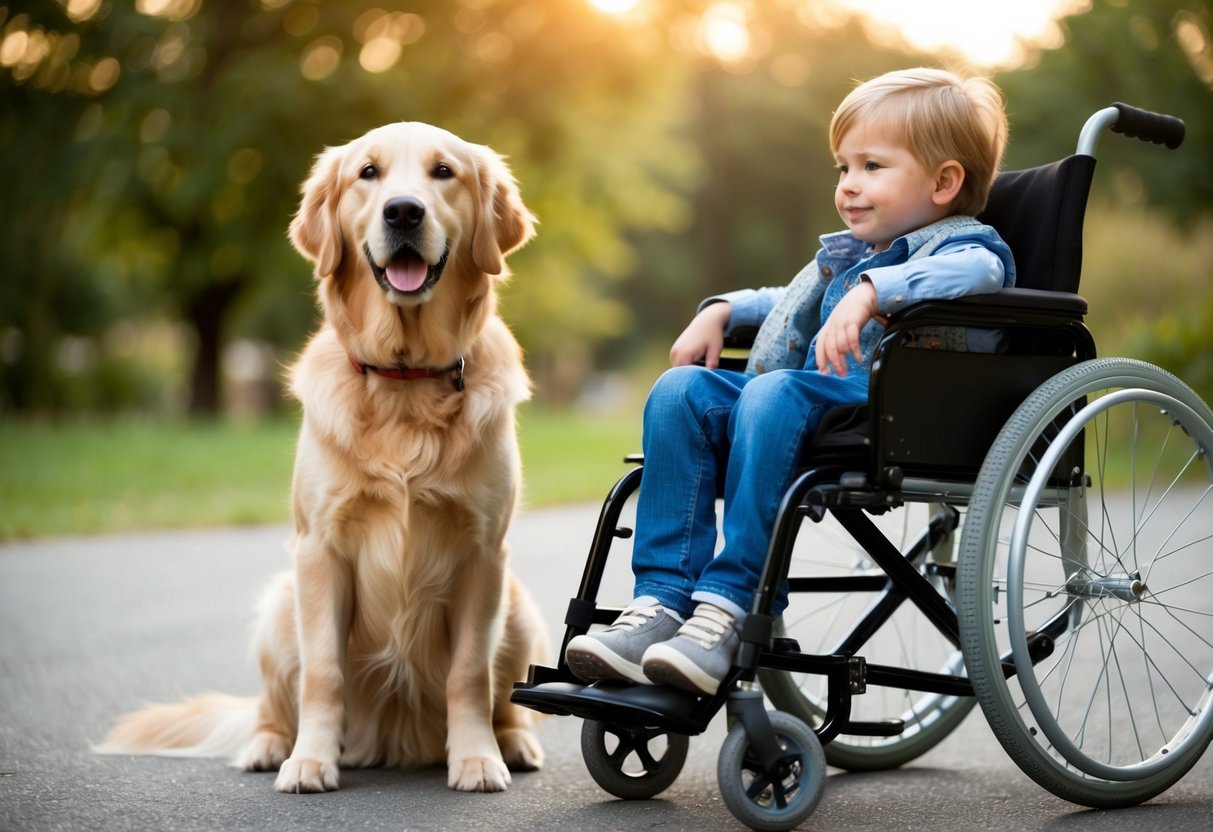 A golden retriever sits calmly beside a child's wheelchair, watching over them with a gentle and loyal expression
