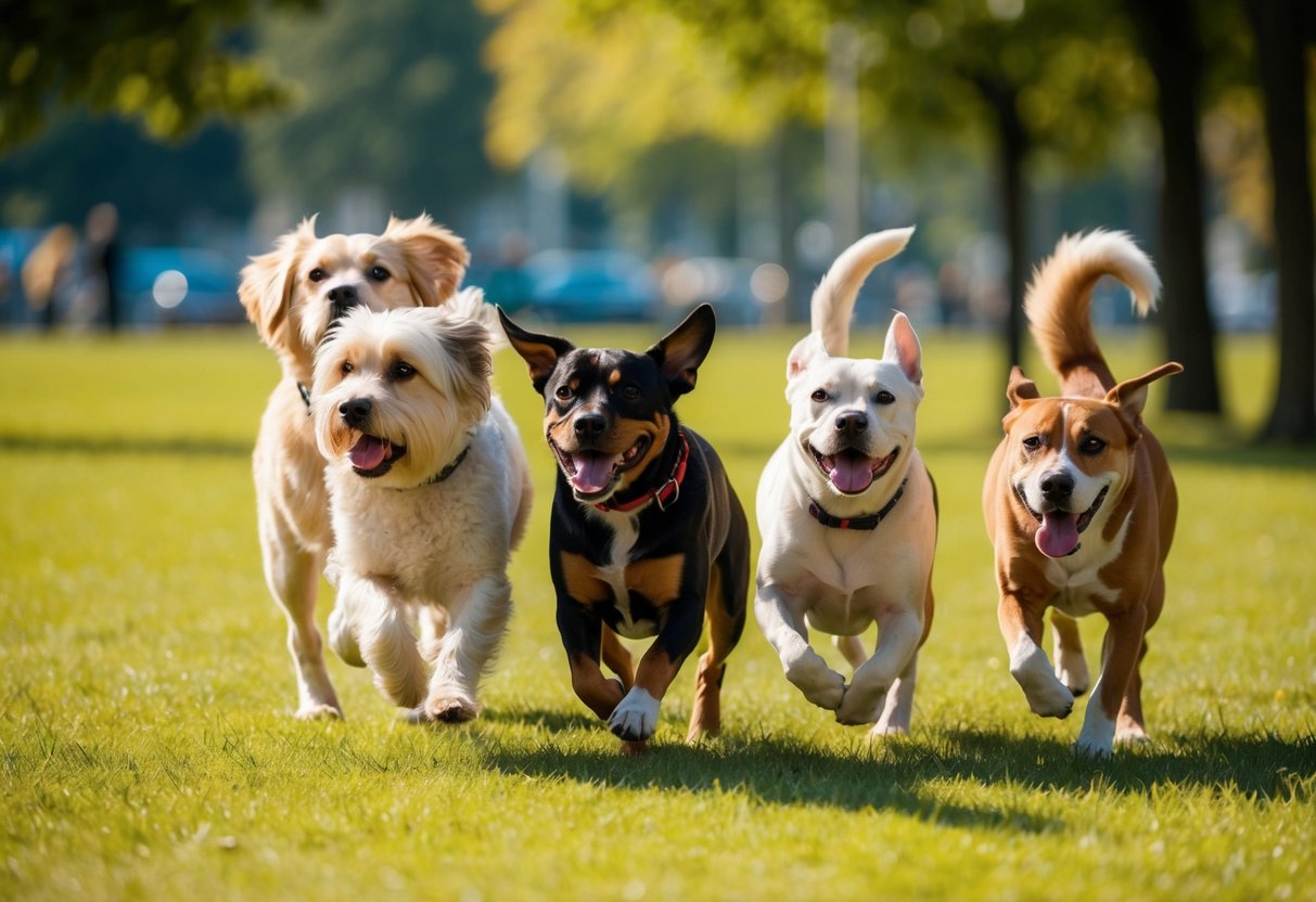 A group of popular and beloved attractive dog breeds playing in a sunny park
